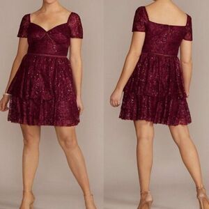 DBl Women's‎ Illusion Lace Tiered Mini Dress Formal Cocktail Babydoll Burgundy